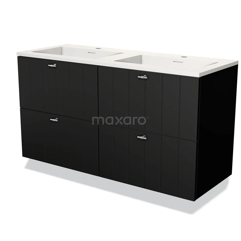 Badmöbel 120cm Modulo Matt Schwarz 4 Schubladen Slat Waschbecken Solid Surface BMW18-00649 Schwarze doppelte Badmöbelset mit weißem keramischen Waschbecken, klaren Linien und modernen Aufbewahrungsschränken.