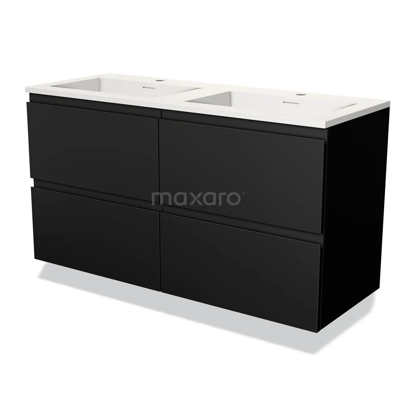 Badmöbel 120cm Modulo Matt Schwarz 4 Schubladen Griffloses Waschbecken Solid Surface BMW18-00650 Schwarz Holz Badmöbel mit doppeltem weißen Waschbecken, schlichtes Design und Softclose Schubladen, ideal für moderne Bäder.