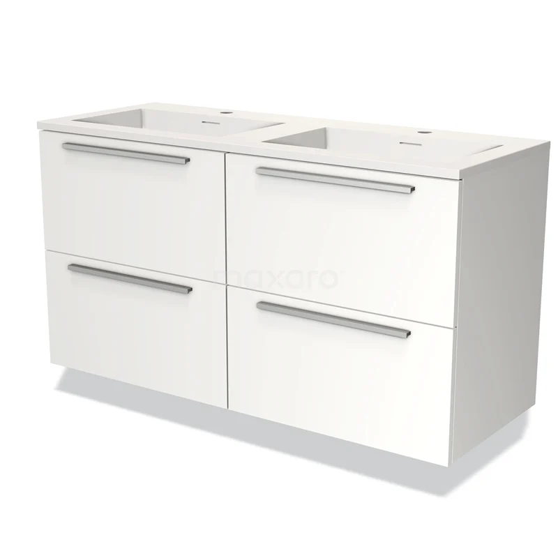Witte dubbele wastafelmeubel met vier soft-close lades, strak design, ideaal voor moderne badkameropslag.