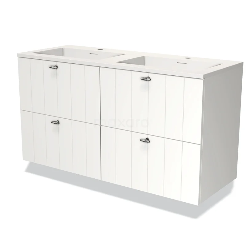 Witte badkamermeubelset met dubbele wastafel en vier geribbelde ladekasten, modern ontwerp voor een stijlvolle badkamer.