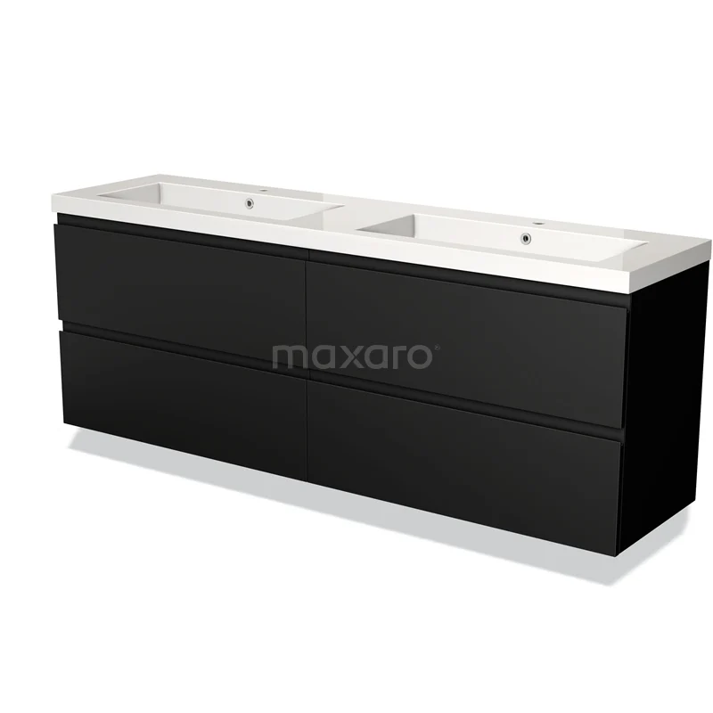 Badmöbel 180cm Modulo Matt Schwarz 4 Schubladen Griffloses Waschbecken Mineralguss BMW18-00682 Schwarze doppelte Badmöbelset mit weißem keramischen Waschbecken, schlichtem Design und großzügigen Stauraummöglichkeiten.