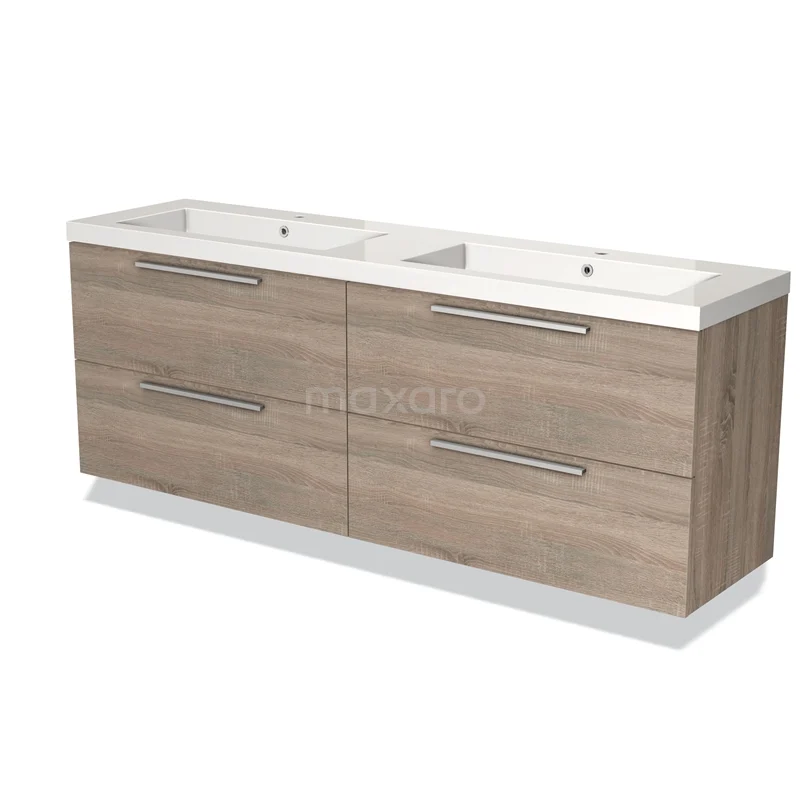 Houten badkamermeubel met dubbele wastafel, moderne zilverkleurige handgrepen en ruim design, ideaal voor badkameropslag.