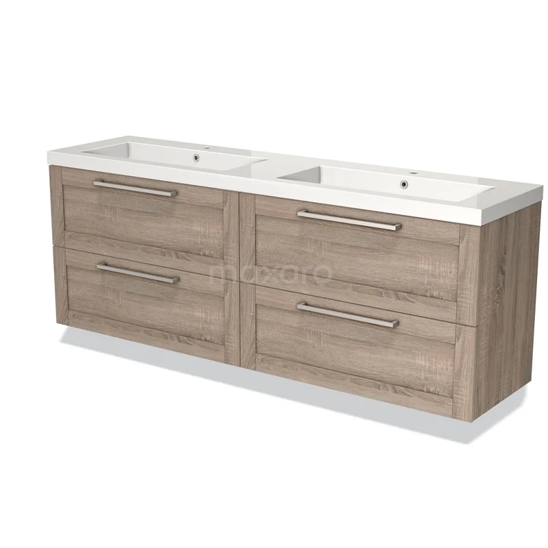 Houten badkamermeubel met dubbele wastafel, vier lades en moderne chromen handgrepen, ideaal voor een stijlvolle badkamer.