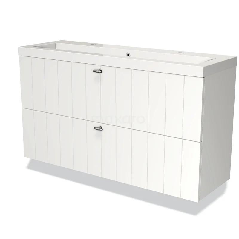 Modulo Slim Vanity units with basin | 120 cm Matte white Slat front Mineral marble 2 Stacked drawers BMW37-00395