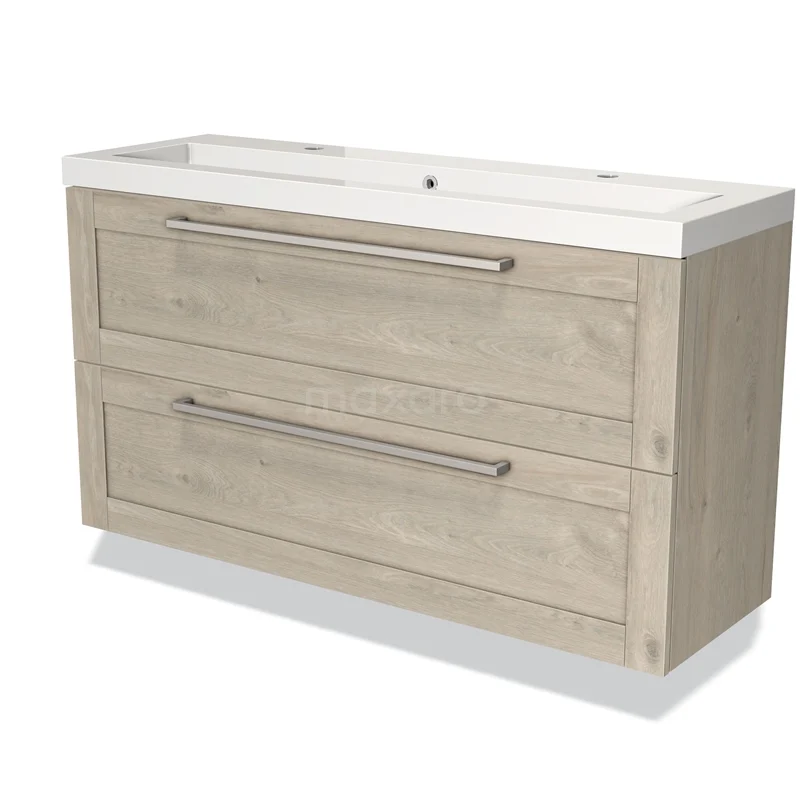 Badkamermeubel eikenlook met dubbele ladekast en keramische wastafel, ideaal voor een moderne en stijlvolle badkamer.
