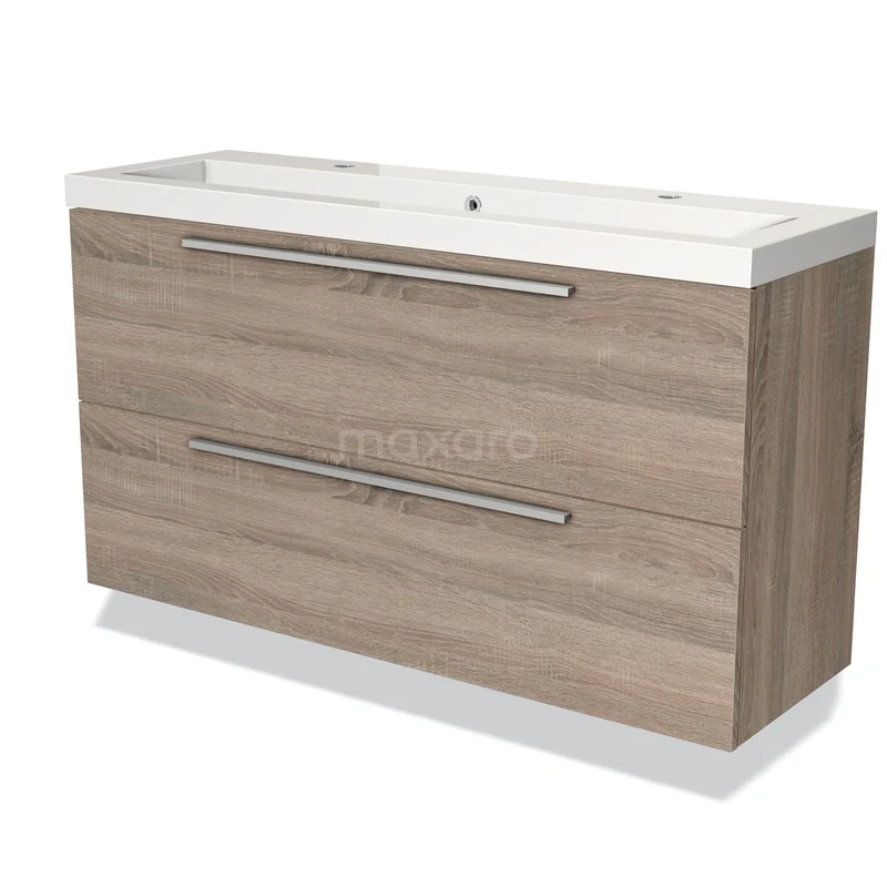 Houten badkamermeubel met twee lades, moderne handgrepen en een witte keramische wasbak, perfect voor stijlvolle badkamers.