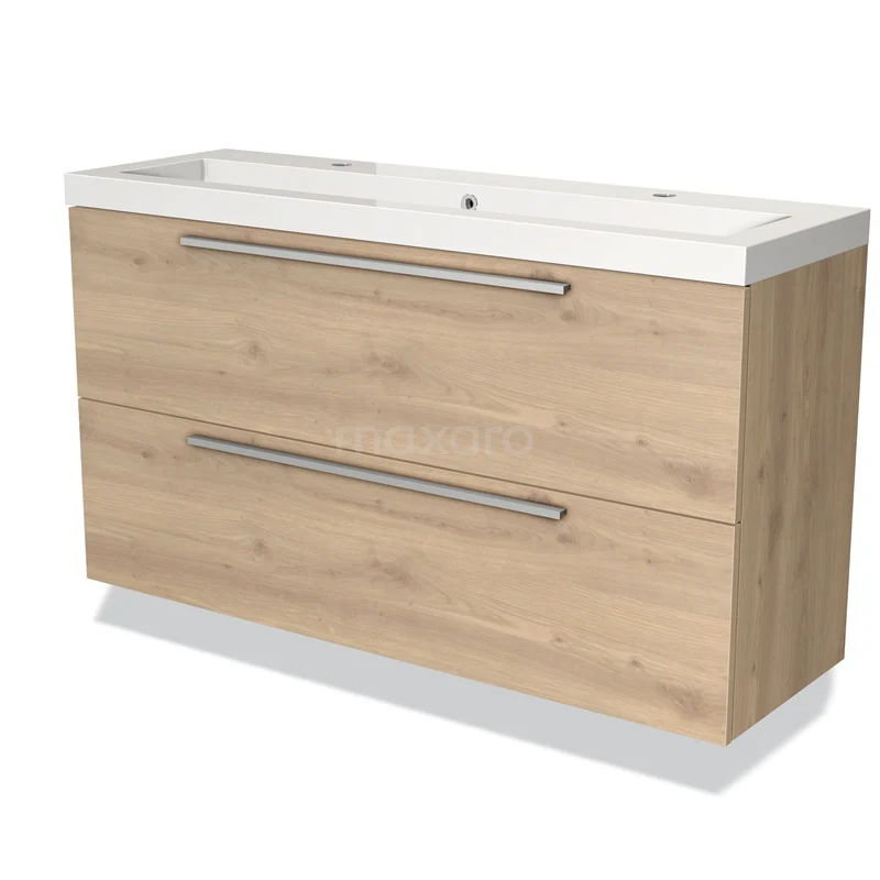 Houten badkamermeubel met wastafel, licht eiken afwerking en dubbele lades, ideaal voor moderne badkameropslag.
