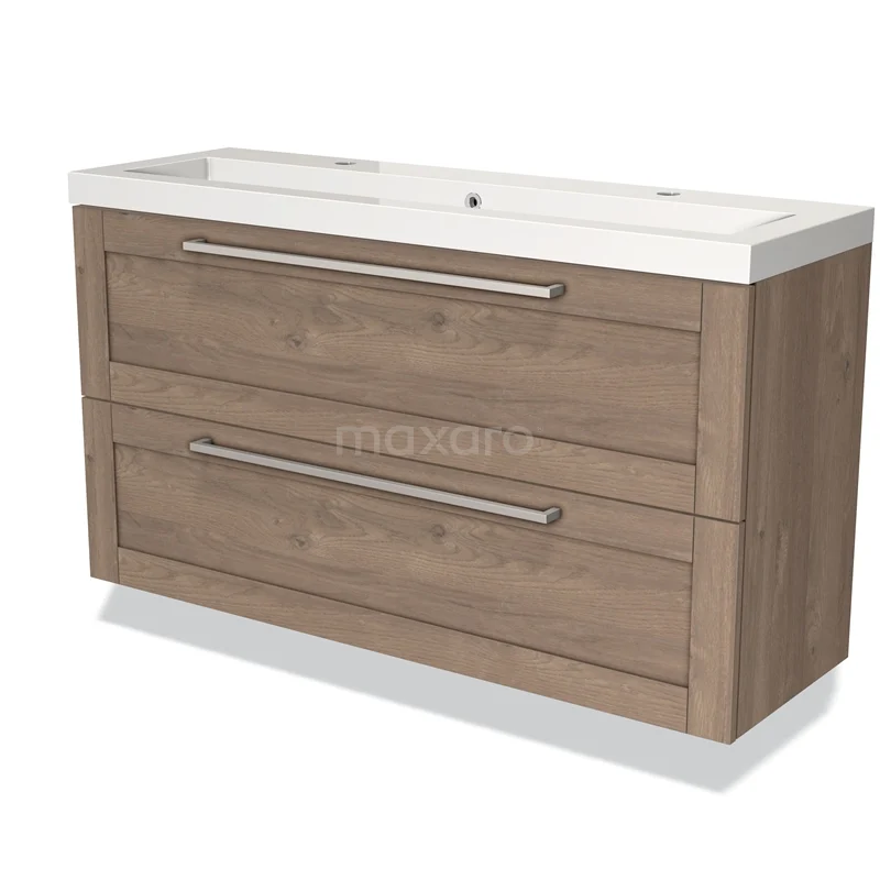 Houten badkamermeubel met wastafel, 2 ruime lades en modern design; ideaal voor stijlvolle en functionele badkameropslag.