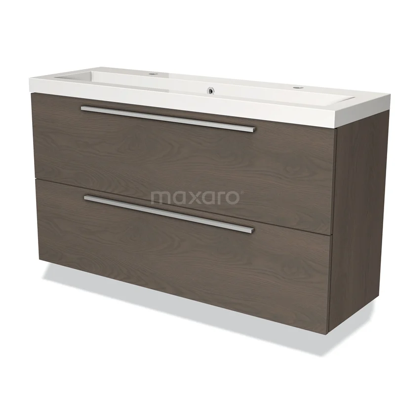 Houten badkamermeubel met dubbele lades en witte wastafel, modern design, ideaal voor stijlvolle en functionele badkamerruimtes.