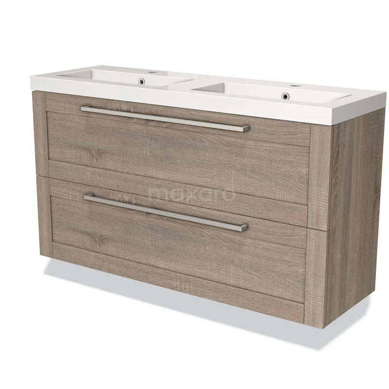Houten badkamermeubel met dubbele wastafel, moderne uitstraling, twee brede lades met metalen grepen.