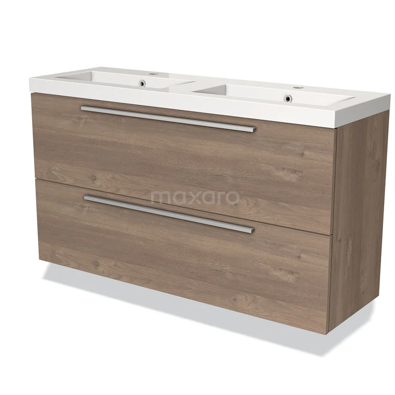 Houten badkamermeubel met dubbele wastafel, moderne uitstraling, twee softclose lades, ideaal voor ruime badkamers.