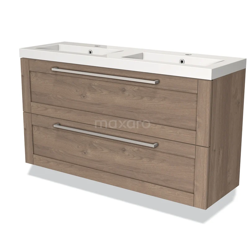 Dubbele wastafelmeubel, houtlook, met twee lades en metalen grepen; ideaal als stijlvolle opbergruimte in de badkamer.