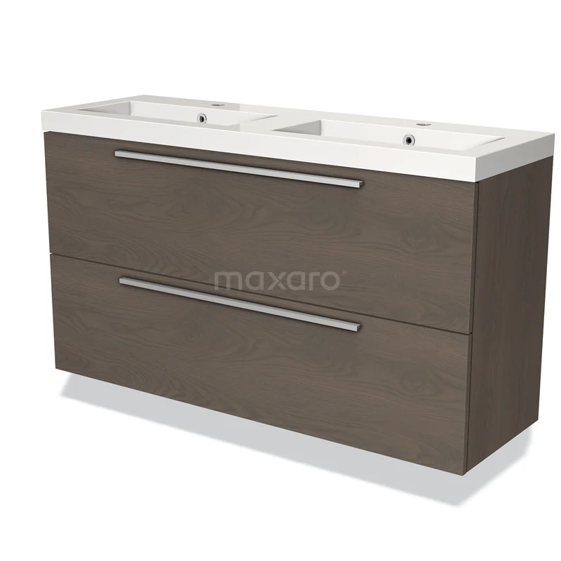 Dubbele wastafelmeubel in donker houtkleur, modern design met twee lades, ideaal voor een stijlvolle badkamer inrichting.