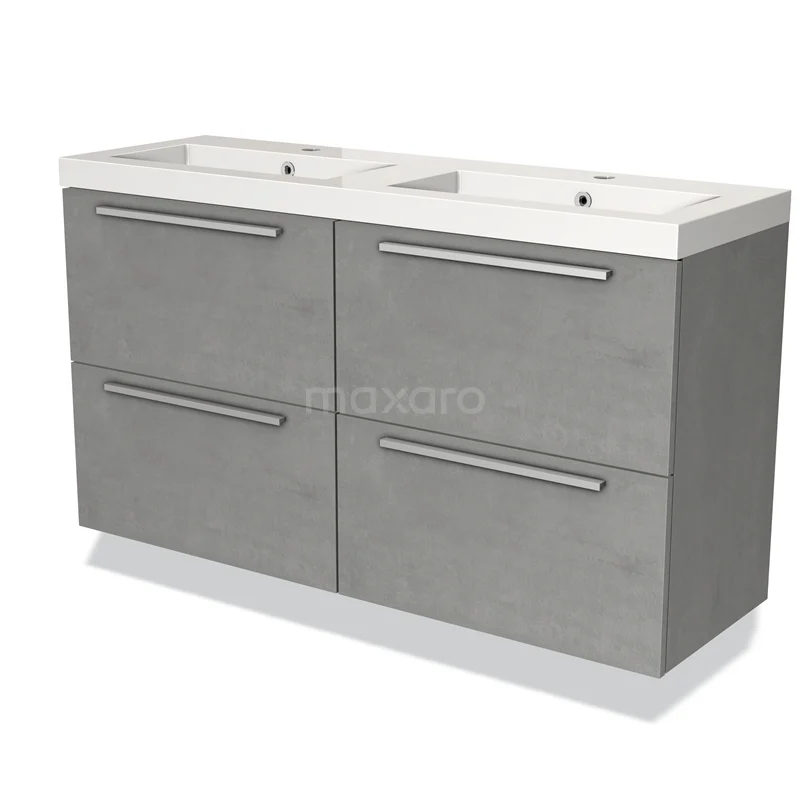Modulo Slim Bathroom furniture with sink | 120 cm Light grey concrete Flat front Mineral marble 4 drawers BMW38-00031 Grey wash basin set with double ceramic basin, four drawers and modern handles; perfect for a stylish bathroom.