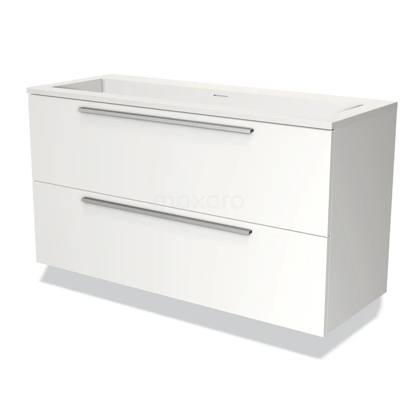 Modulo Bathroom furniture with sink | 120 cm Matte white Flat front Solid surface 2 Stacked drawers BMW17-02837 White bathroom unit with two wide drawers, glossy finish and minimalist design, ideal for modern bathrooms.