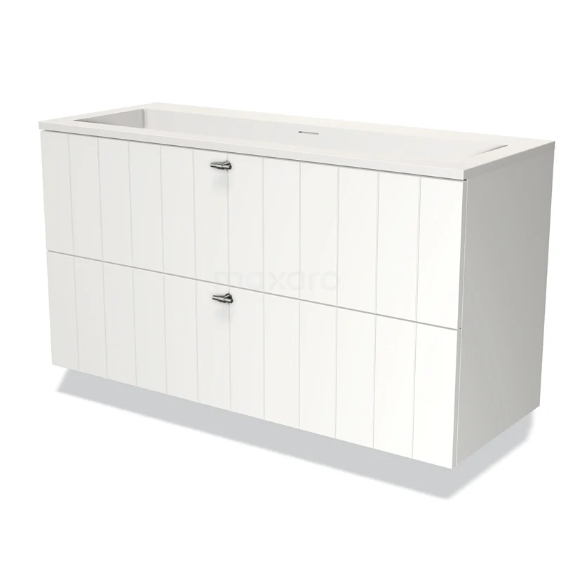 Modulo Bathroom furniture with sink | 120 cm Matte white Slat front Solid surface 2 Stacked drawers BMW17-02838 White vanity set with two drawers and clean line pattern, ideal for modern bathrooms, made of durable materials.