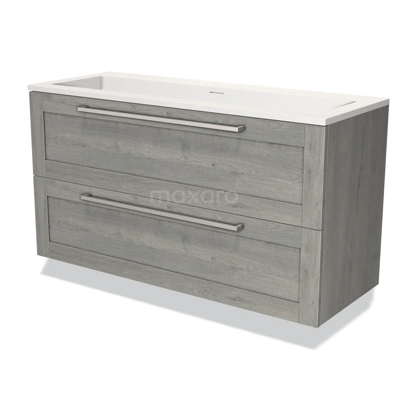 Badmöbel 120cm Modulo Graue Eiche 2 Schubladen Rahmen Waschbecken Solid Surface BMW17-02857 Holz-Badmöbel mit doppelter Schublade, graue Holzoptik, weißes keramisches Waschbecken, ideal für modernen Badezimmerstil.