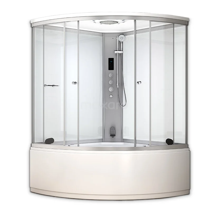Dampfkabine mit Badewanne Modera 2 Personen 140x140cm Weißer Nebel Düsen LED Bluetooth AK1414-610110 Stilvolle Ecke-Duschkabine mit gebogenen Glaswänden, weißem Rahmen und eingebauter Regendusche; ideal für luxuriöse Bäder.