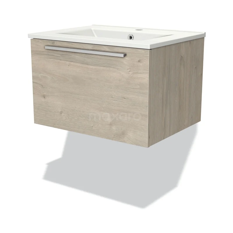 Badmöbel 60cm Modulo Hellgraue Eiche 1 Schublade Flaches Waschbecken aus Keramik BMW11-02901 Holz-Badmöbel in Eichenoptik mit geraden Formen und integriertem Waschbecken, ideal für moderne Badezimmergestaltung.