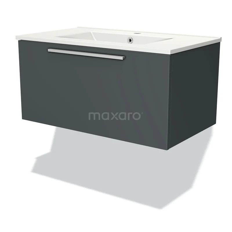 Badmöbel 80cm Modulo Dunkelgrau 1 Schublade Flaches Waschbecken aus Keramik BMW11-02925 Graues hängendes Waschtisch mit keramischem Waschbecken, schlankes Design, ideal für moderne Badezimmergestaltung.