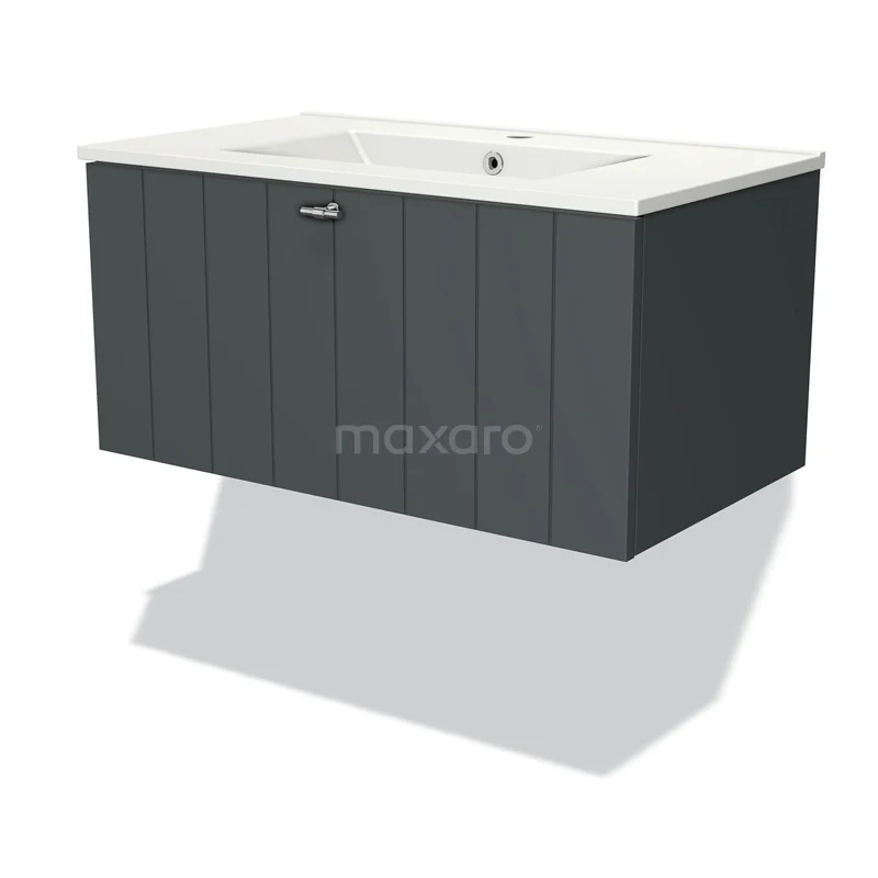 Badmöbel 80cm Modulo Dunkelgrau 1 Schubladen-Lamellenwaschbecken Keramik BMW11-02926 Dunkelgrau hängendes Badezimmermöbel mit einem keramischen Waschbecken und modernen vertikalen Linien für ein schlankes und stilvolles Design.