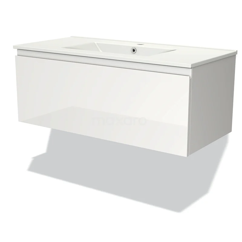 Modulo Vanity units with basin | 100 cm High-gloss white Handle-less front Ceramic 1 drawer BMW11-02953