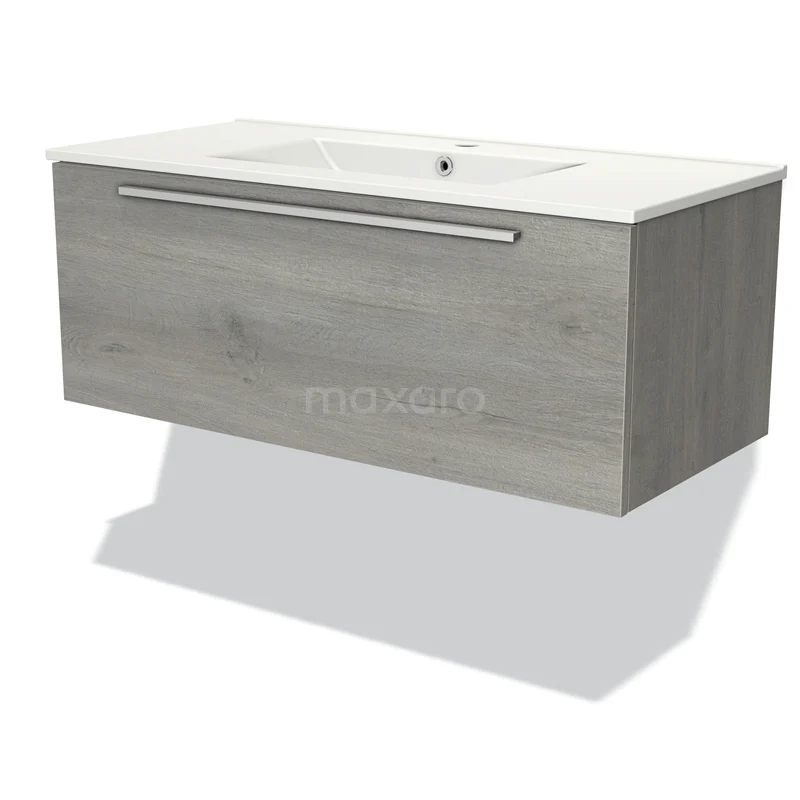 Badmöbel 100cm Modulo Graue Eiche 1 Schublade Flaches Waschbecken Keramik BMW11-02973 Hängendes Badmöbel mit Waschbecken, Holzlook graue Oberfläche, modernes Design, ideal für moderne Badezimmergestaltung.