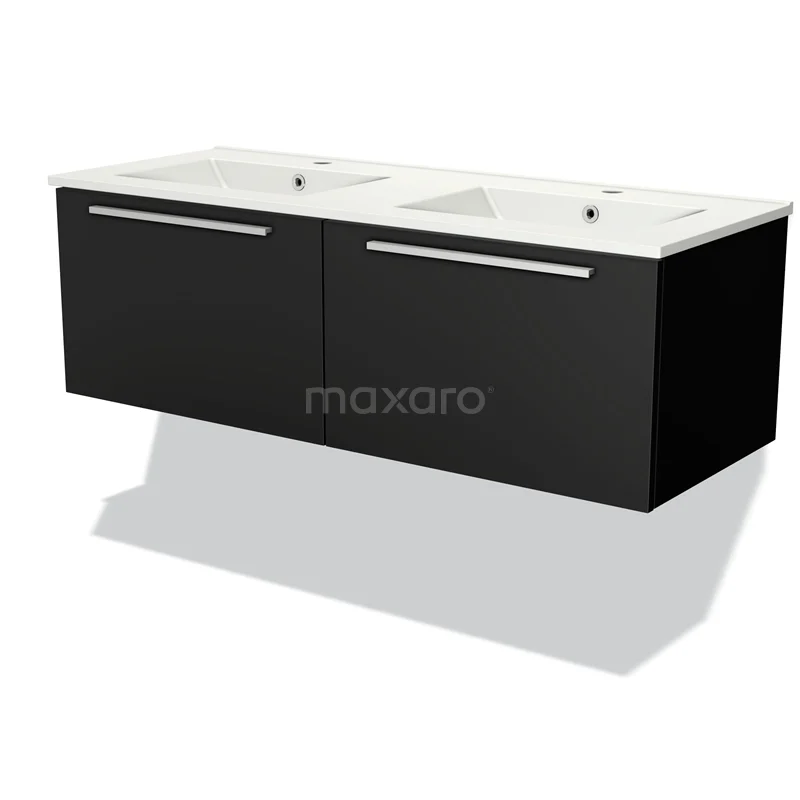 Zwarte badkamermeubel met dubbele wastafel, strakke lijnen en hoogglans afwerking; ideaal voor een moderne badkamer.