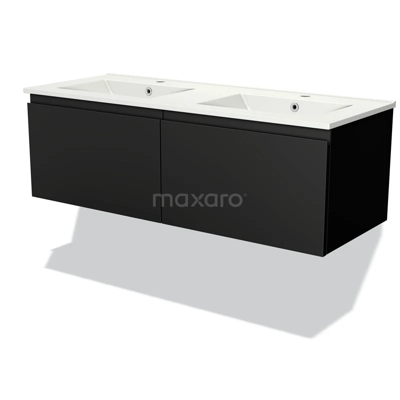 Zwarte zwevende badkamermeubel met dubbele witte wastafel, strak minimalistisch design voor een moderne badkamer.