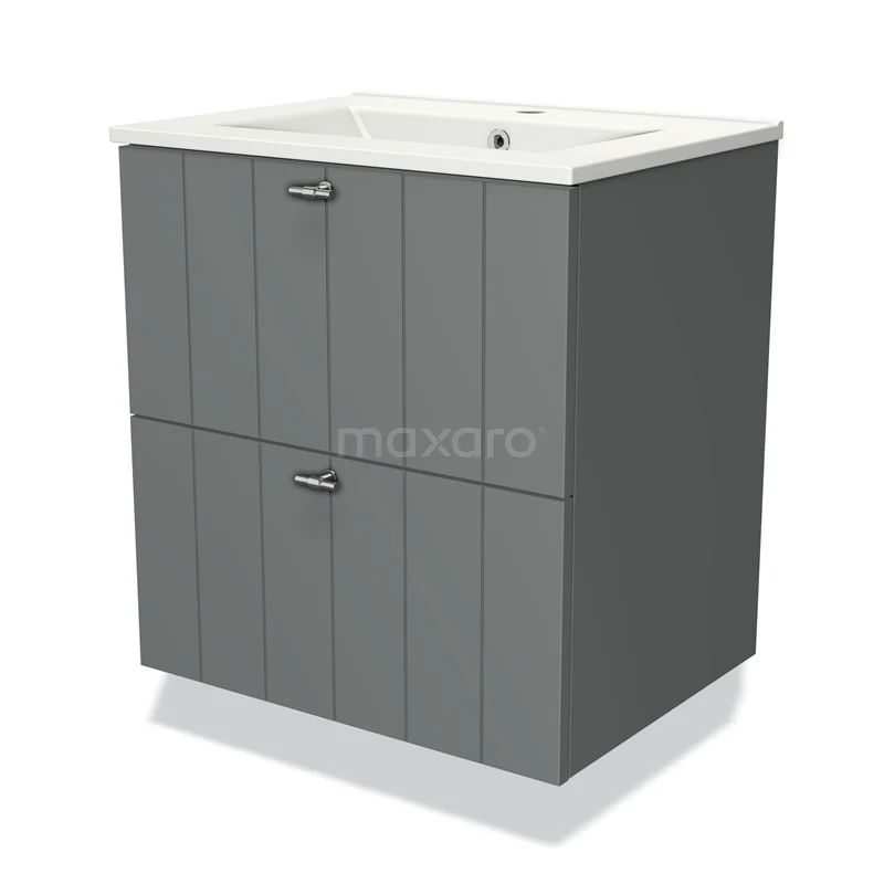 Grijze houten badkamermeubel met moderne panelen, keramische wastafel en twee lades voor stijlvolle opbergruimte.