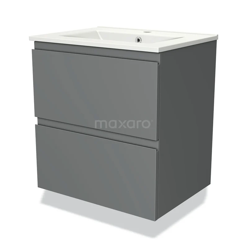 Grijze badkamermeubelset met twee lades, modern design en keramische wastafel, ideaal voor een stijlvolle badkamer inrichting.