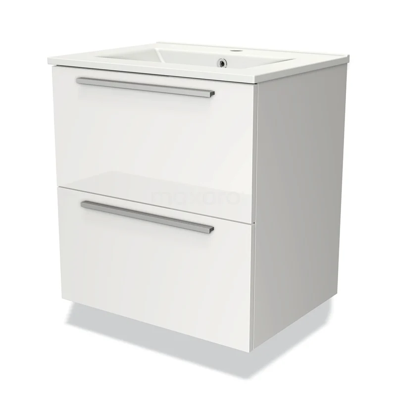 Wit badkamermeubel met twee lades, minimalistisch ontwerp, metalen grepen en geïntegreerde wastafel voor moderne badkamers.