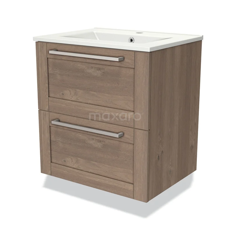 Wooden bathroom unit with two drawers and a white sink, ideal for modern bathroom storage.