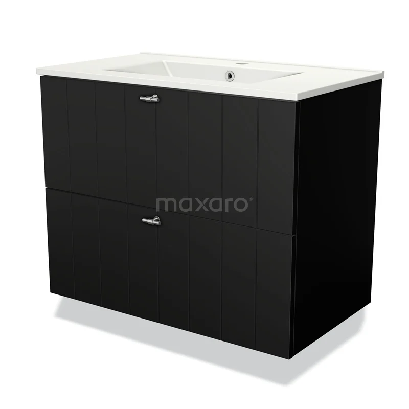 Zwarte wastafelmeubel met twee lades en keramische witte wastafel, ideaal voor moderne badkameropslag.