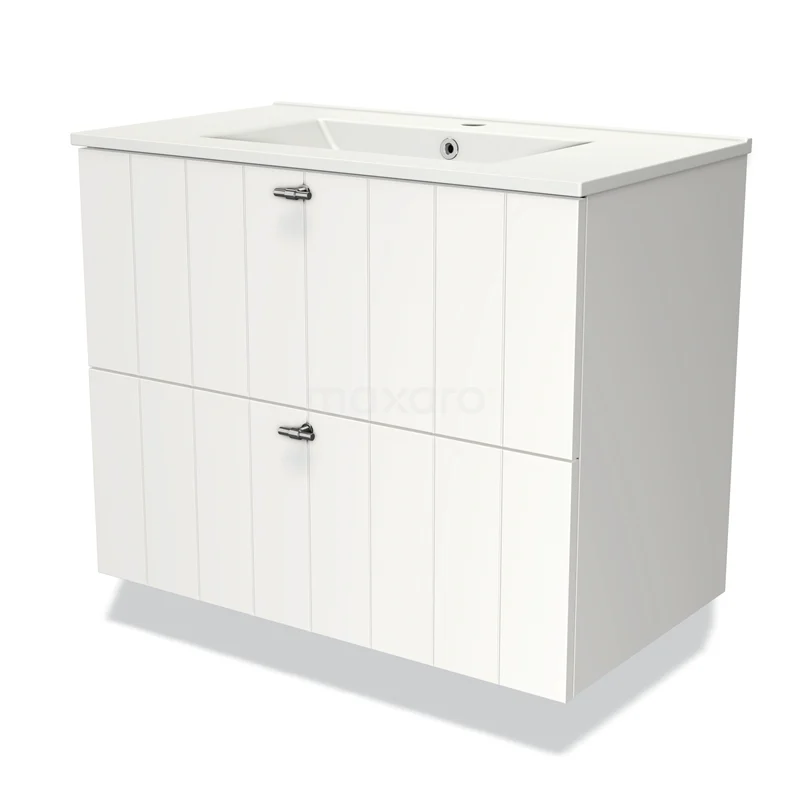 Badmöbel 80cm Modulo Matt Weiß 2 Schubladen Slat Waschbecken Keramik BMW17-03094 Weiße Badmöbel mit zwei Schubladen, vertikalen Linien und keramischem Waschbecken. Perfekt für einen modernen Badezimmerstil.