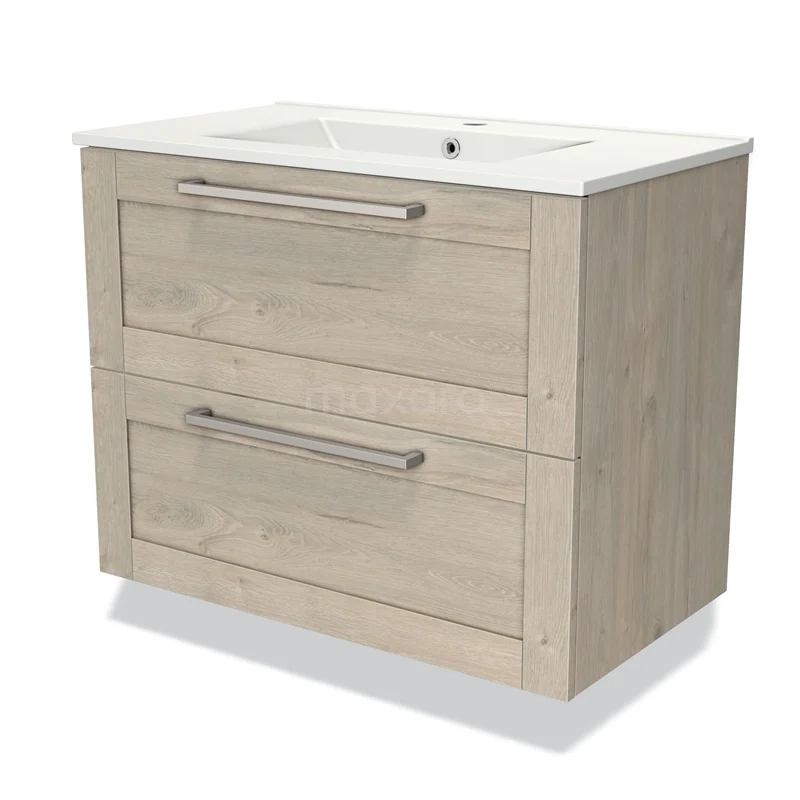 Wooden bathroom unit with two drawers, oak-look finish and built-in white basin; stylish and functional design.