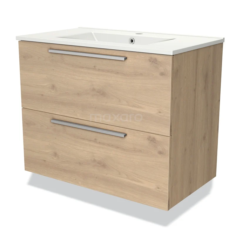 Wooden Bathroom unit with two drawers, light oak colour, ceramic basin and modern handles, ideal for stylish bathrooms.