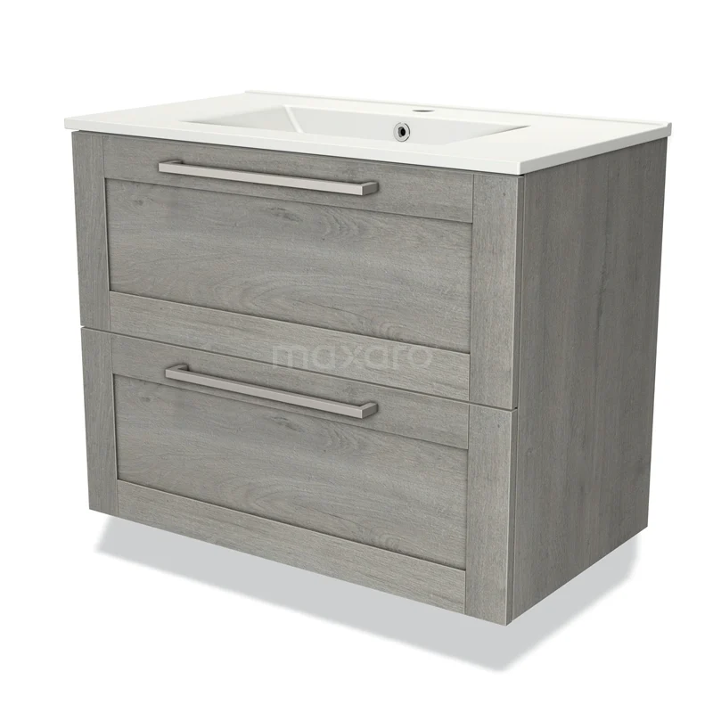 Grijze houten badkamermeubel met twee lades, modern design en geïntegreerde wastafel, ideaal voor stijlvolle badkamers.