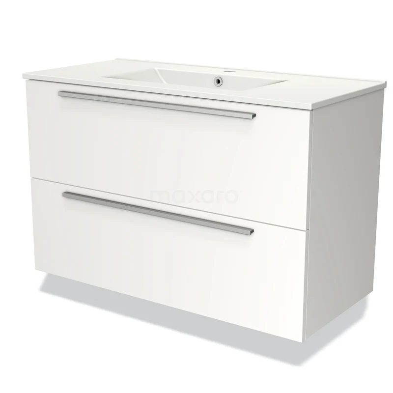 Badmöbel 100cm Modulo Matt Weiß 2 Schubladen Flaches Waschbecken aus Keramik BMW17-03125 Weißes Badezimmermöbel mit zwei Schubladen, modernes Design, eingebautes Waschbecken, geeignet für stilvolle Badezimmergestaltung.