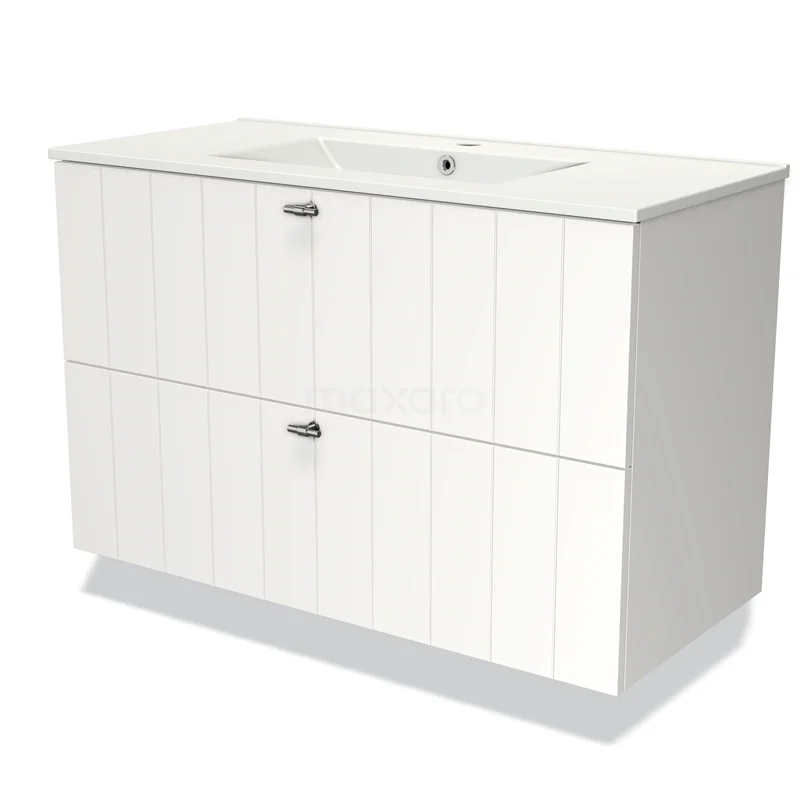 Wit badkamermeubel met dubbele lade, houtlook panelen en geïntegreerde wastafel, perfect voor moderne badkamers.