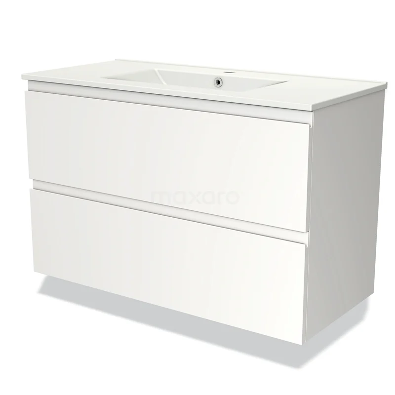 Wit badkamermeubel met twee lades, moderne strakke afwerking, voorzien van geïntegreerde wastafel voor een frisse uitstraling.