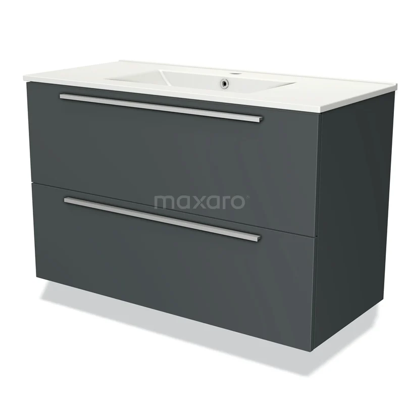 Antracietgrijze badkamerkast met twee lades, keramische wastafel en strakke chromen handgrepen. Modern design.