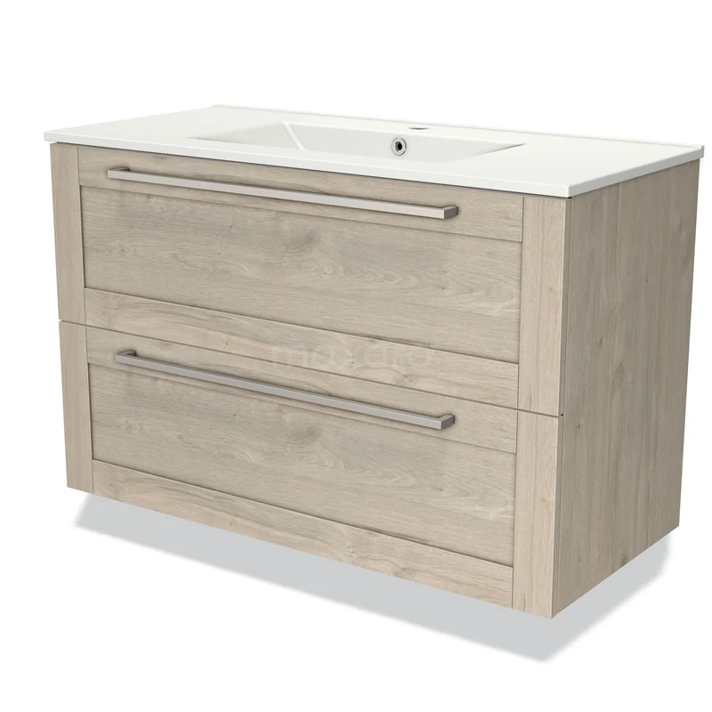 Houten badkamermeubel met twee lades, elegante handgrepen en een wit wastafelblad, ideaal voor moderne badkamers.