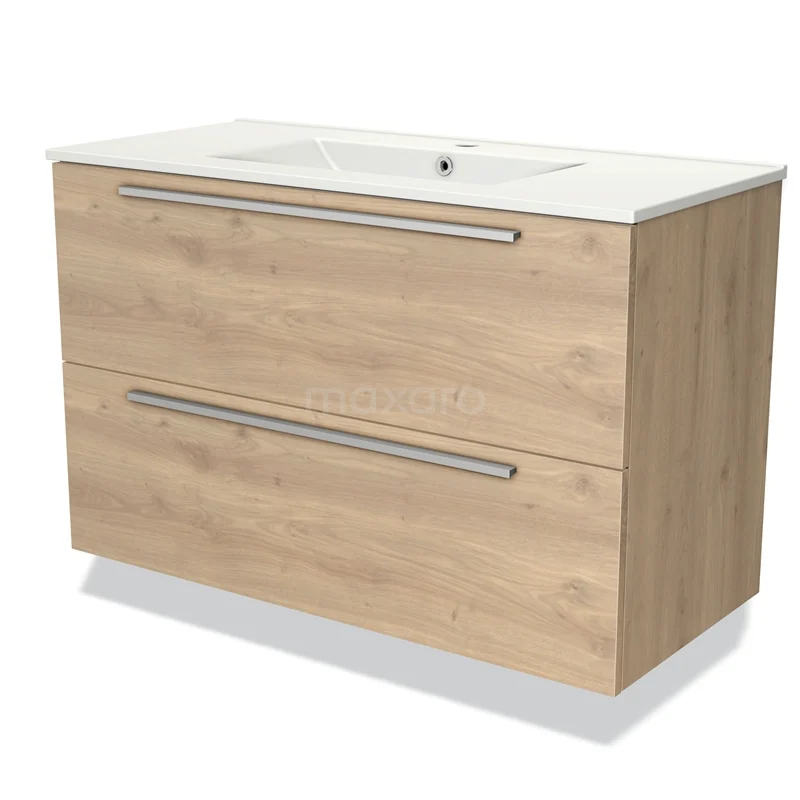 Houten badkamermeubel met twee lades, moderne design, wit keramische wastafel en geïntegreerde handgrepen.
