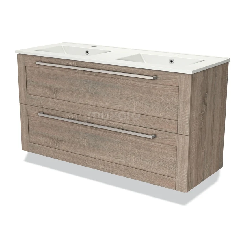Houten badkamermeubel met dubbele wastafel, lichte eikenkleur, strak design en metalen handgrepen, perfect voor een moderne badkamer.