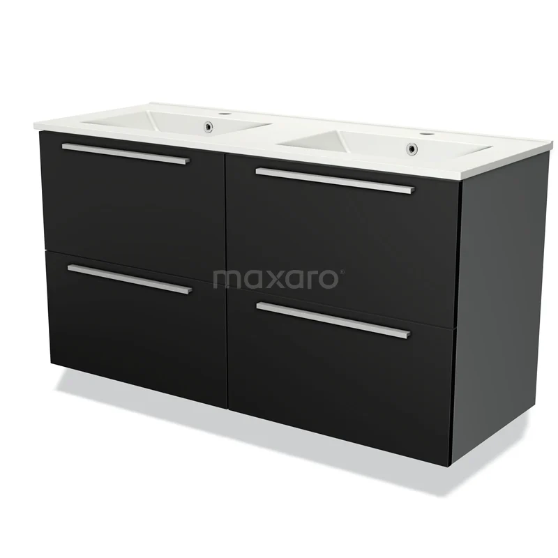 Zwarte badkamermeubelset met dubbele wastafel, moderne strakke vormgeving en matte afwerking, ideaal voor stijlvolle badkamers.