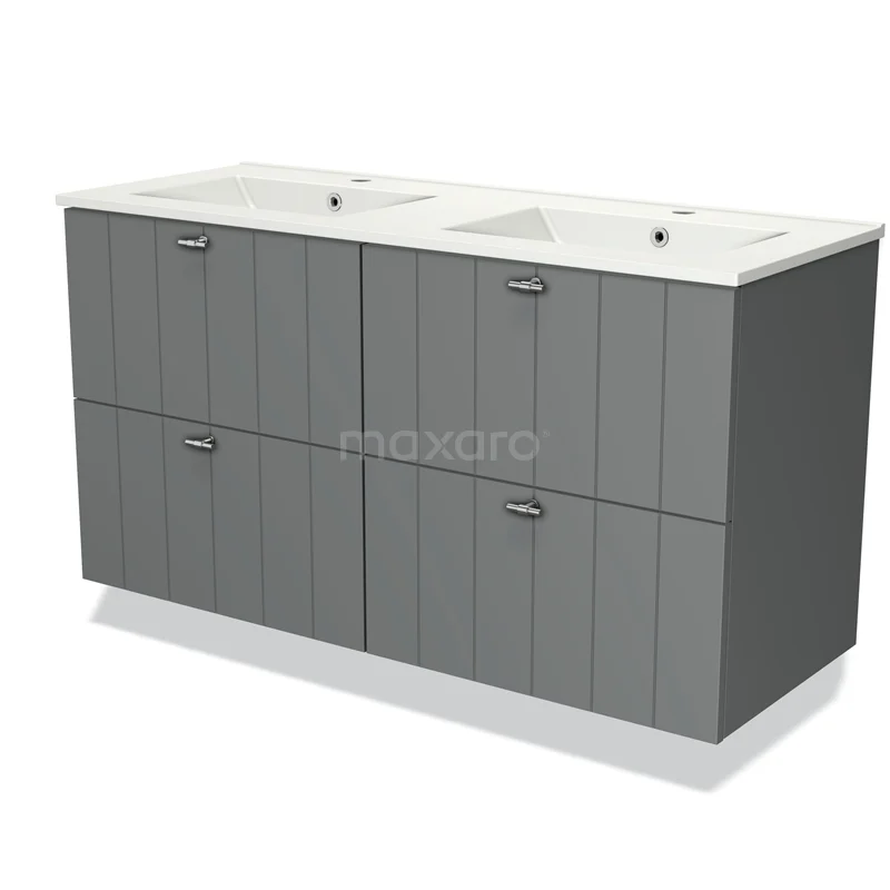 Grijze dubbele wastafelmeubel met ribbelpatroon, vier lades en keramische wasbak; stijlvol en functioneel voor de badkamer.