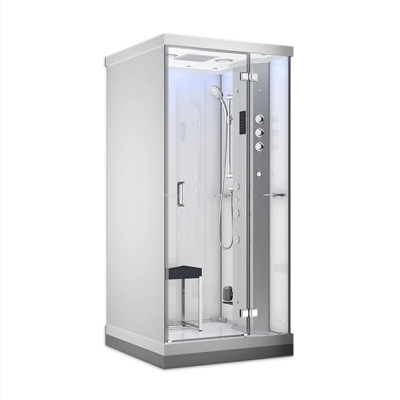 Dampfkabine Lusso 100x100cm Weiß Wassermassage LED Bluetooth SHAN1010112N Kompakte Duschkabine mit LED-Beleuchtung, weiß und silber, ausgestattet mit Regen- und Handbrause. Perfekt für moderne Bäder.