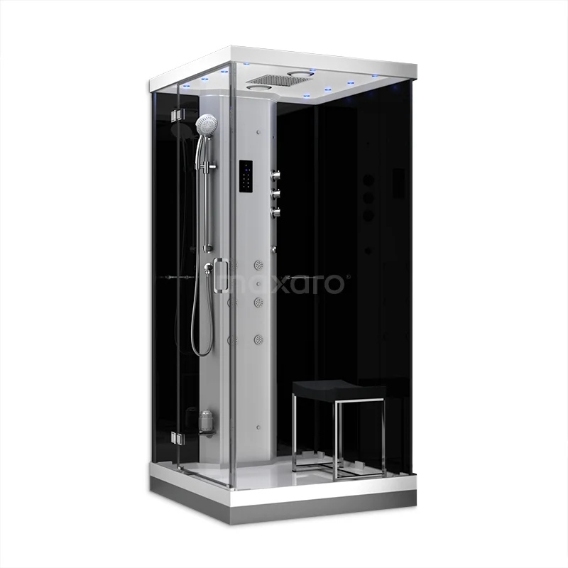 Compacte douchecabine met zwart glas, regendouche en massagejets, ideaal voor luxe badkamers.