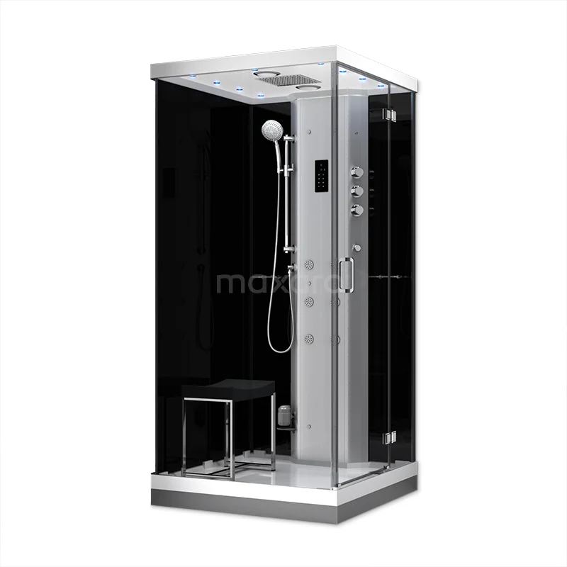 Dampfkabine Lusso 100x100cm Schwarz Wassermassage LED Bluetooth SHAN1010205N Kompakte schwarze Glaskabine mit Regendusche, Beleuchtung und eingebauter Sitzbank; luxuriöse Badezimmerlösung.